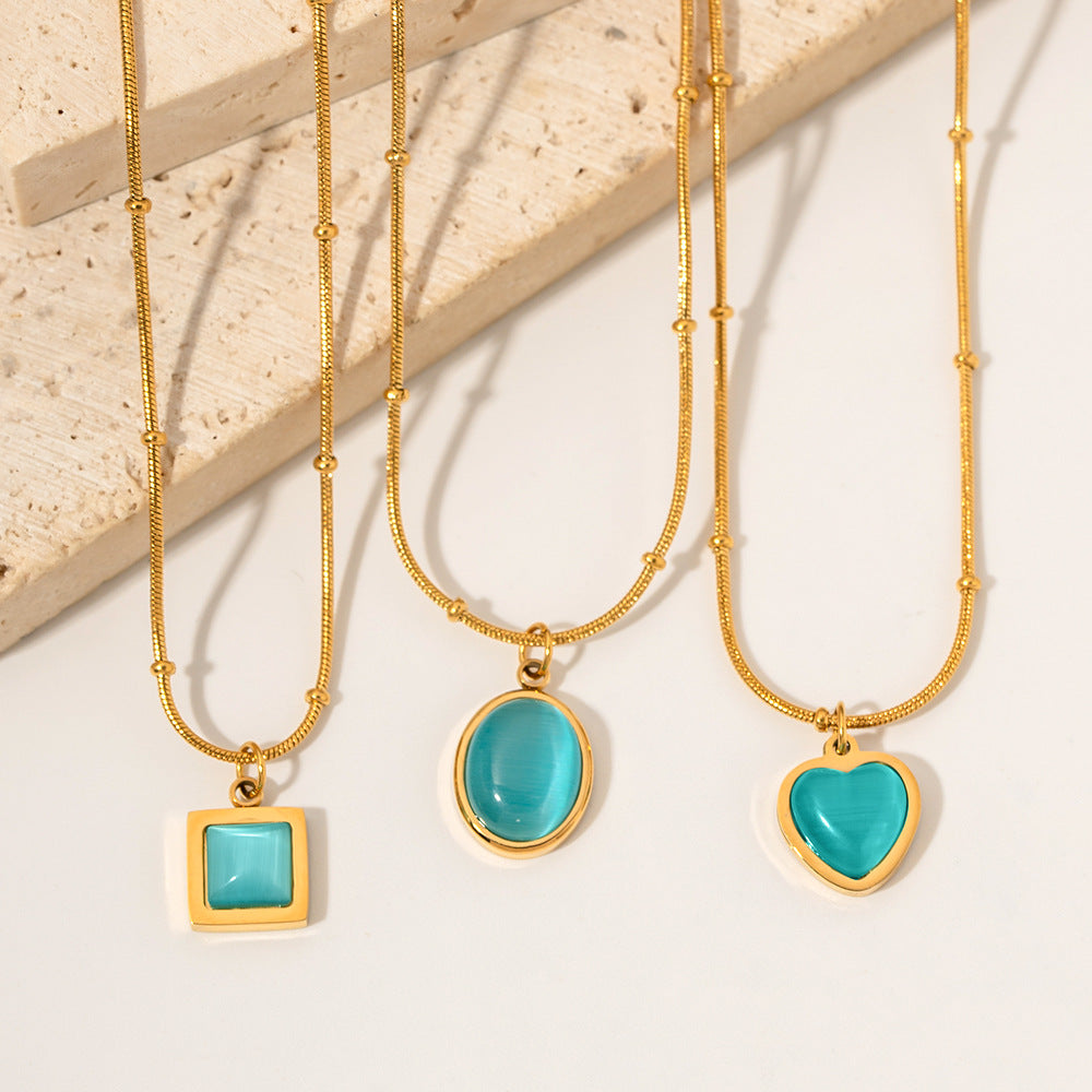 Gold Layered Turquoise Pendant Necklace Set - Heart/Circle/Square Gem Statement Jewelry for Women