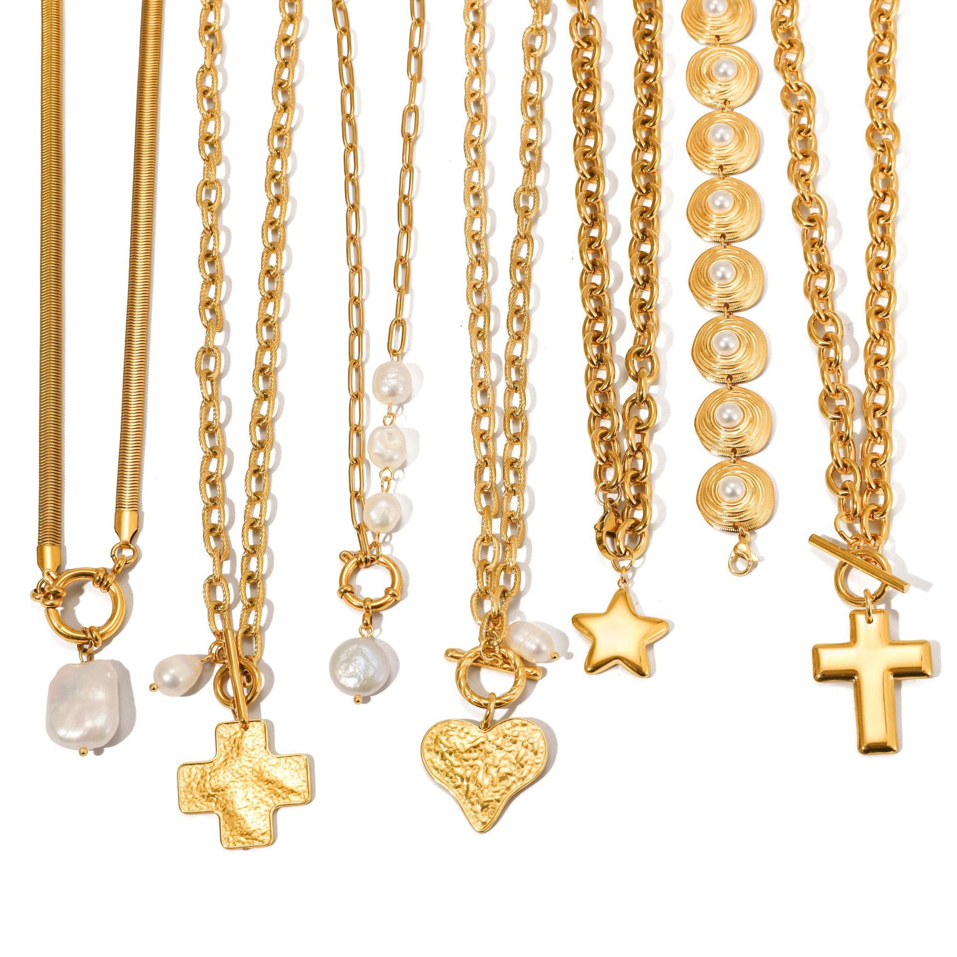 Gold Multi-Style Necklace Set - Pearl/Cross/Heart/Star Pendants (Snake/Curb Chain) Statement Jewelry for Women