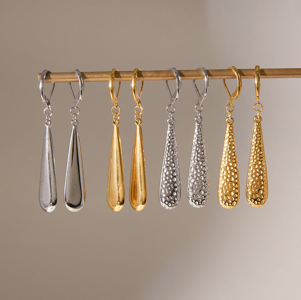 Gold Silver Textured Teardrop Dangle Earrings Set - Minimalist Statement Jewelry for Women