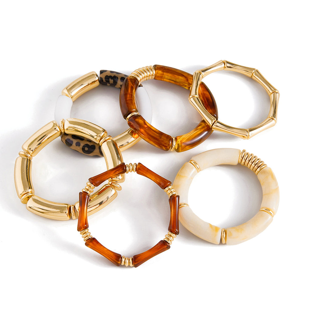 Maillard Color Scheme Stackable Bracelet Set | Acrylic & Gold-Tone Metal Vintage Trendy Bracelets | Assorted Leopard Print & Solid Design Chunky Cuff Bracelets for Women | Fashion Daily Wear & Party Stacking Jewelry