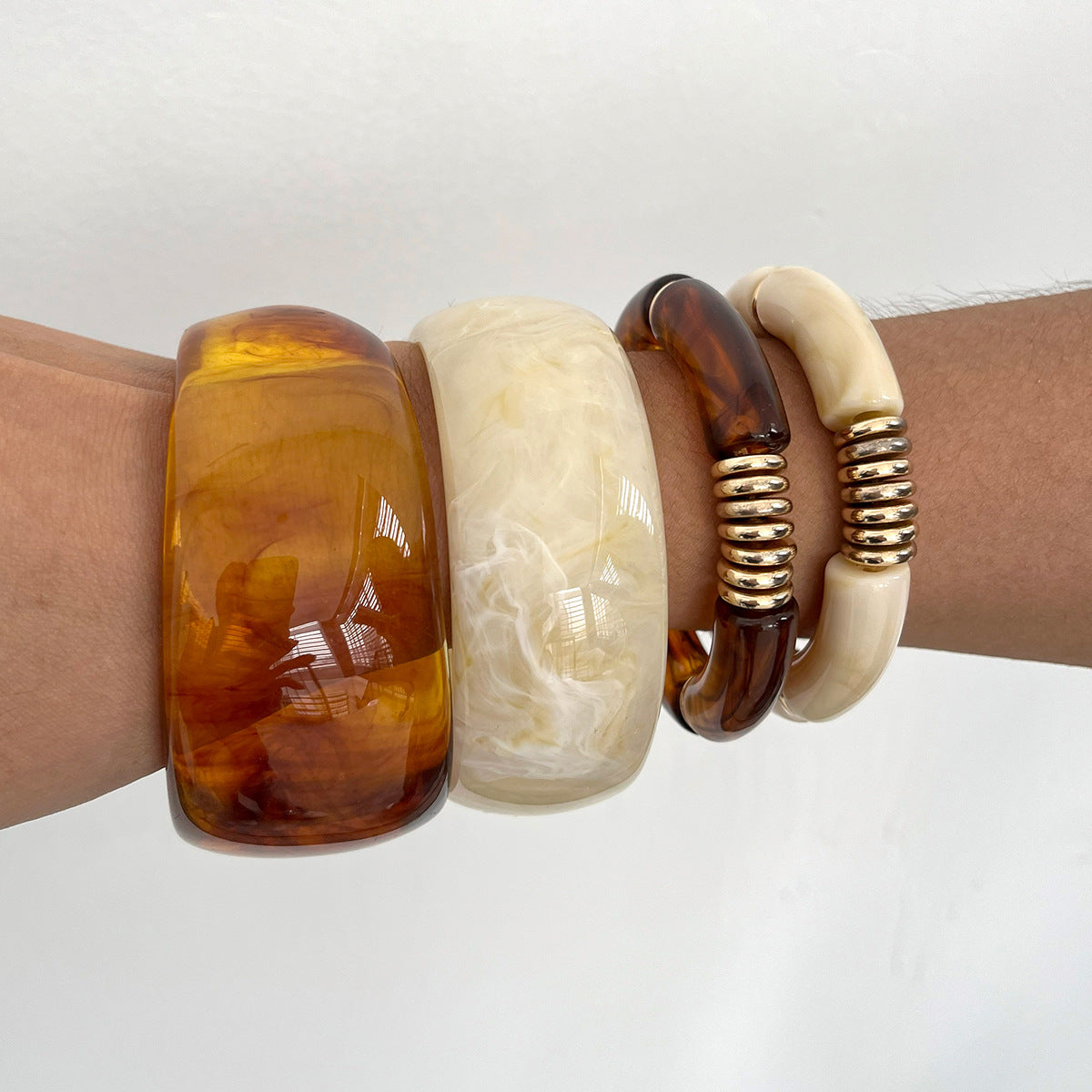 Chunky Tortoise Shell & Cream Resin Bangle Set -  Stackable Acrylic Bamboo Tube Bracelets with Gold Accents