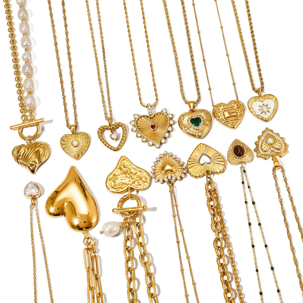 Gold Multi-Style Heart Pendant Necklace Set - CZ Gem Pearl Chain Statement Jewelry for Women