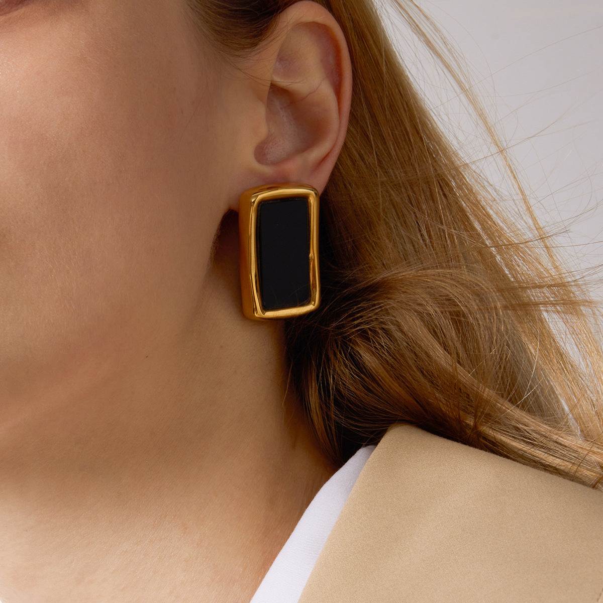 Gold Plated Square Statement Earrings - Vintage Black Enamel & Crystal Geometric Jewelry for Women