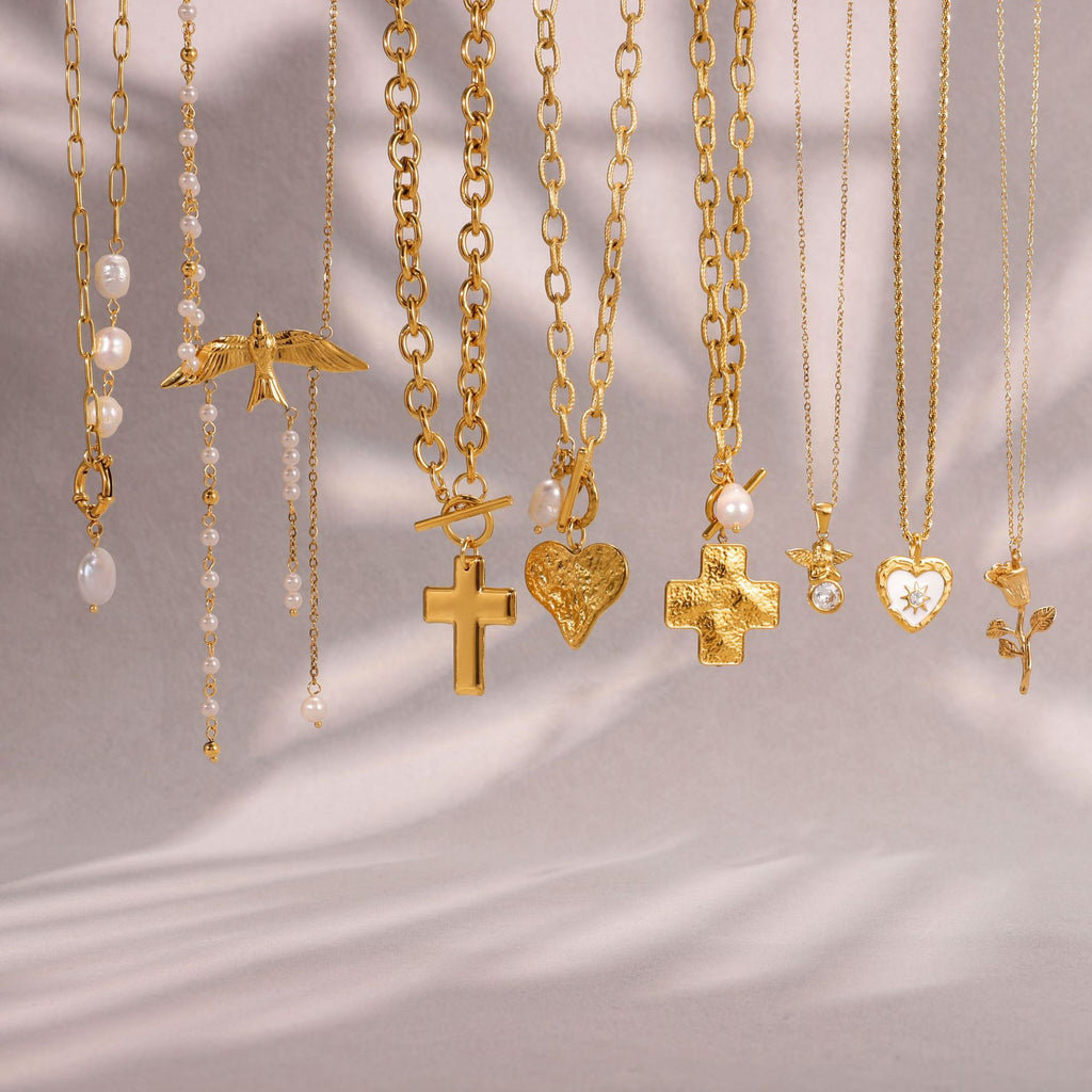 Gold Multi-Style Necklace Set - Pearl/Cross/Heart/Star Pendants (Snake/Curb Chain) Statement Jewelry for Women