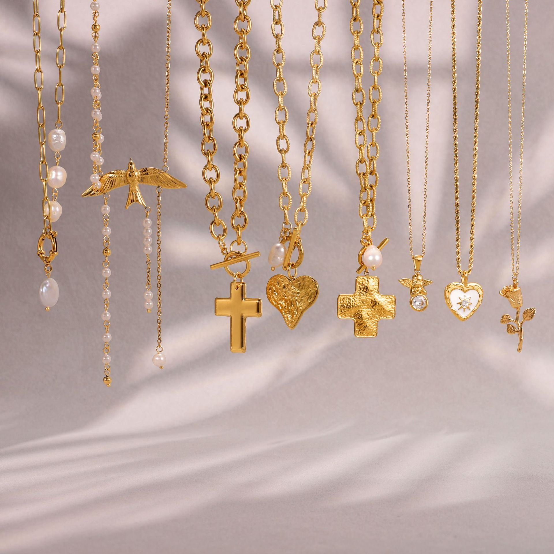 Gold Multi-Style Necklace Set - Pearl/Cross/Heart/Star Pendants (Snake/Curb Chain) Statement Jewelry for Women