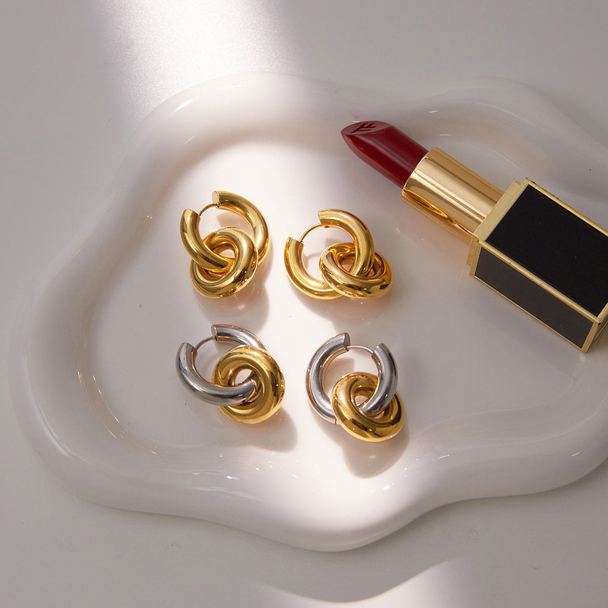 Gold Silver Interlocking Hoop Earrings - Minimalist Statement Jewelry for Women