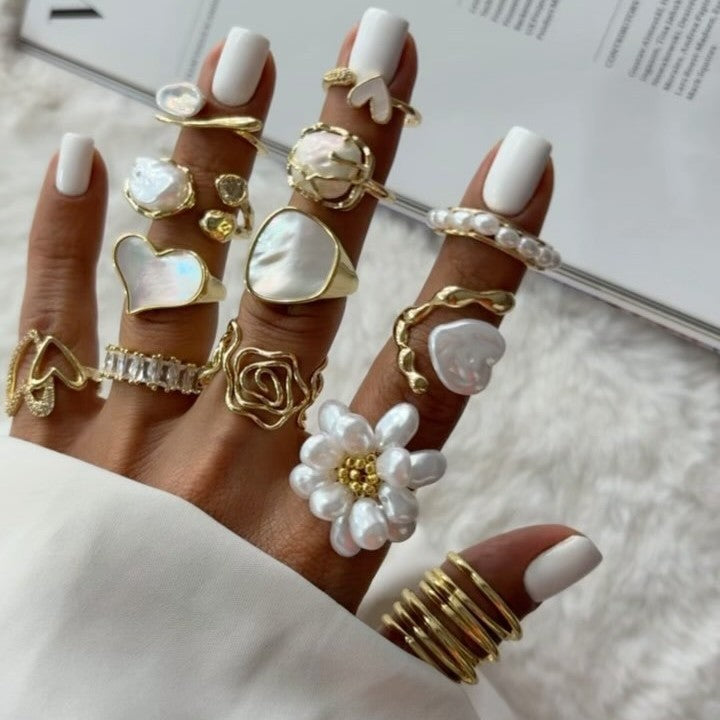 Gold Multi-Style Stackable Ring Set - Pearl/Shell/Flower/Heart/Rose Statement Jewelry for Women