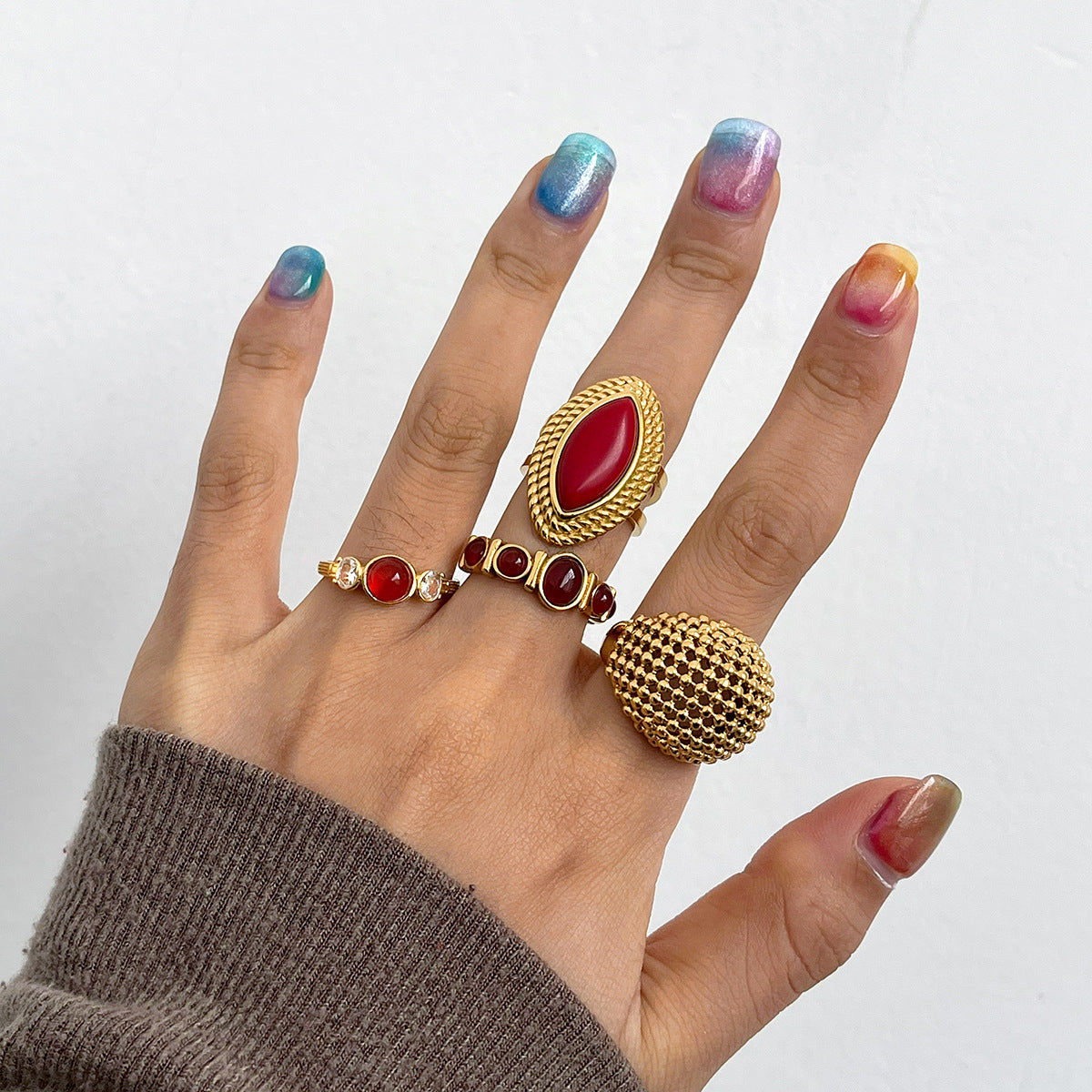 Gold Textured Red Gemstone Stackable Ring Set - Vintage Statement Jewelry for Women