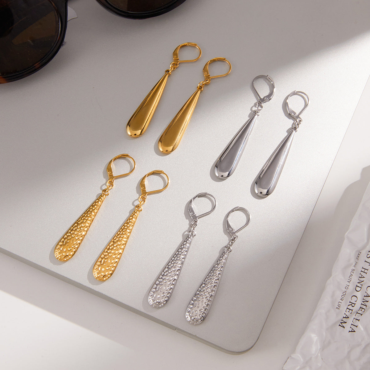 Gold Silver Textured Teardrop Dangle Earrings Set - Minimalist Statement Jewelry for Women