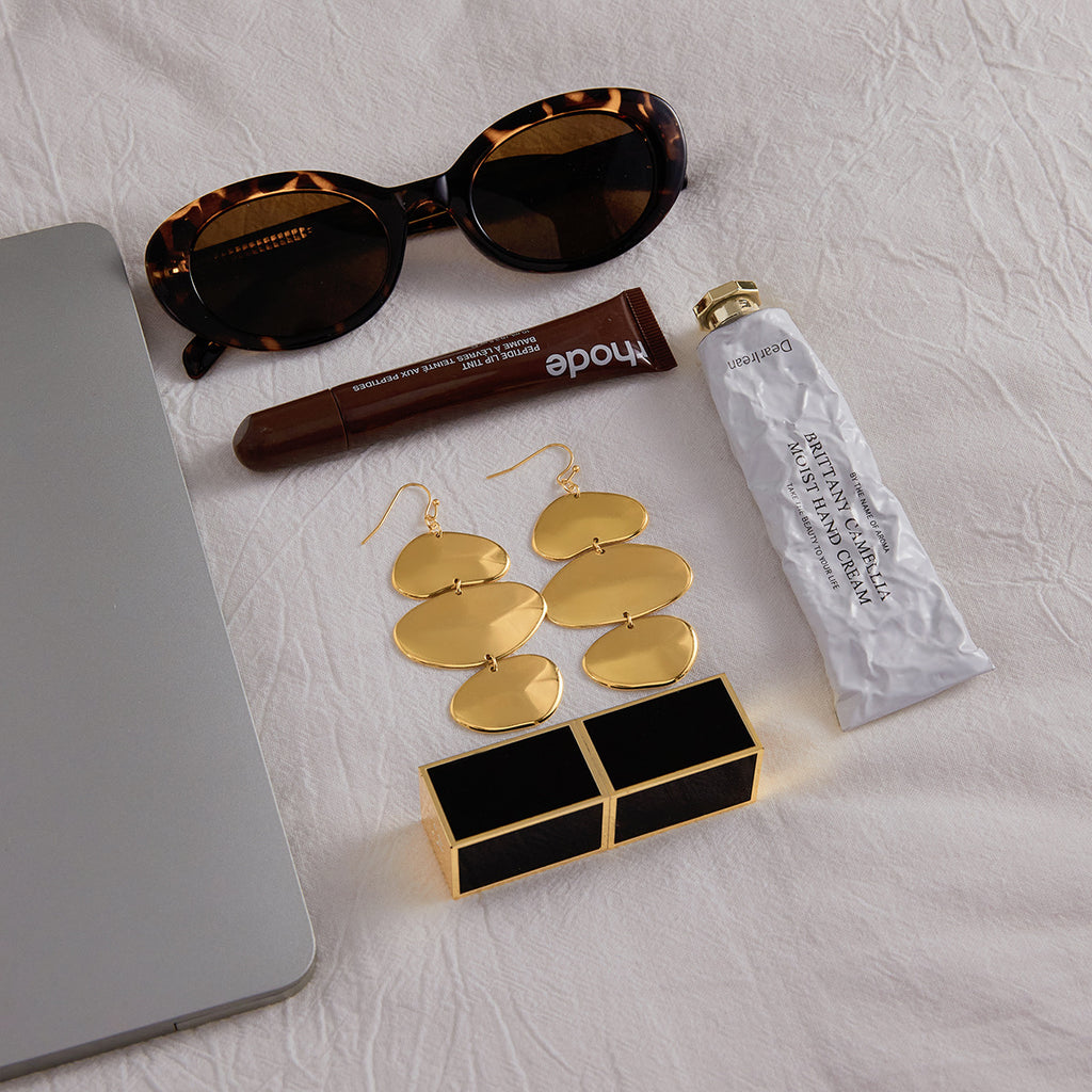 Gold Plated Three-Tiered Pebble-Shaped Drop Earrings - Bold Minimalist Statement Jewelry for Women