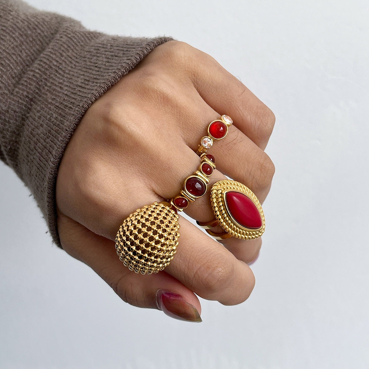 Gold Textured Red Gemstone Stackable Ring Set - Vintage Statement Jewelry for Women