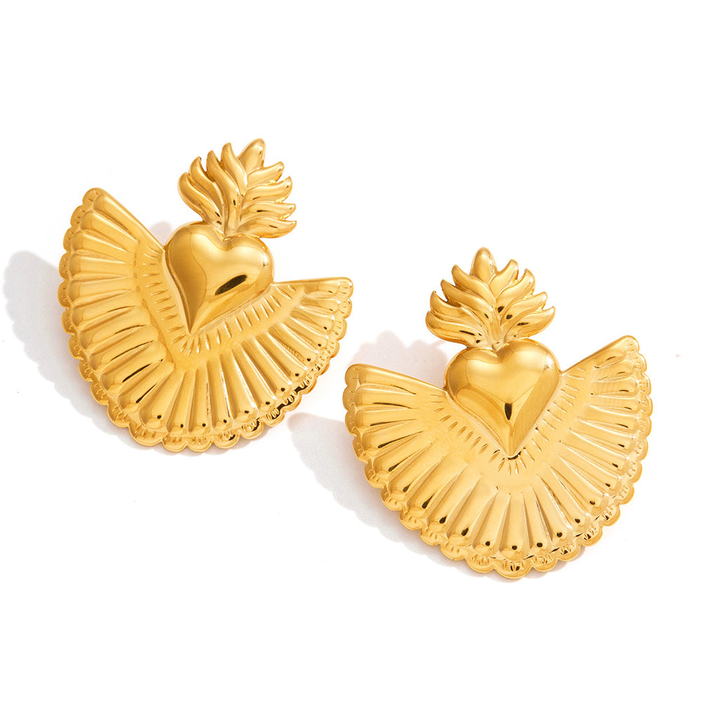 Artistic Golden Sacred Heart Statement Earrings - Vintage-Inspired Bold Jewelry for Women
