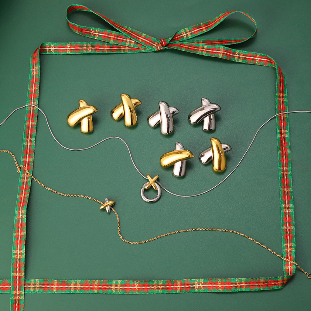 Two-Tone X-Cross Statement Jewelry Set - Gold Silver Minimalist Necklaces & Earrings for Women