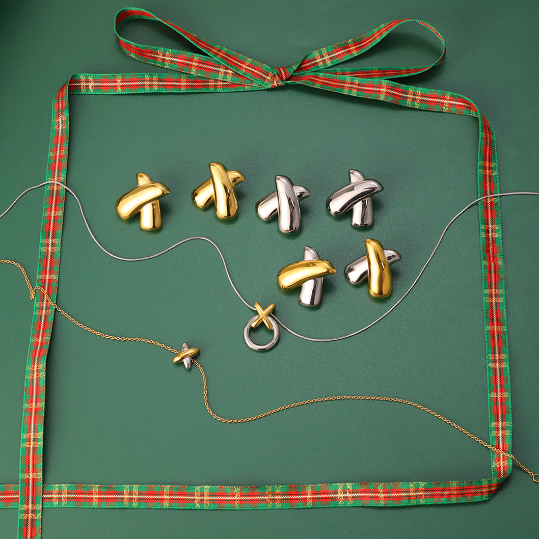 Two-Tone X-Cross Statement Jewelry Set - Gold Silver Minimalist Necklaces & Earrings for Women