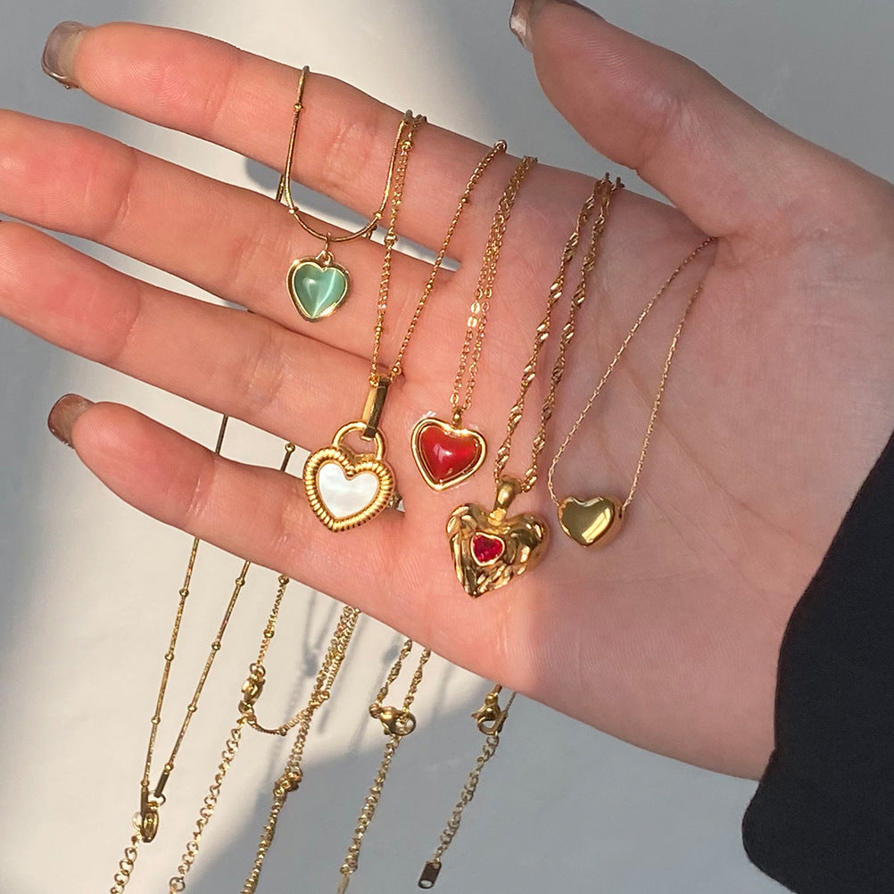 18K Gold-Plated Heart Pendant Layered Necklaces Set | Agate, Turquoise & White Mother-of-Pearl Accent Jewelry | Trendy INS-Style Dainty & Chunky Heart Necklaces for Women | Versatile Daily Wear & Party Layered Jewelry Collection
