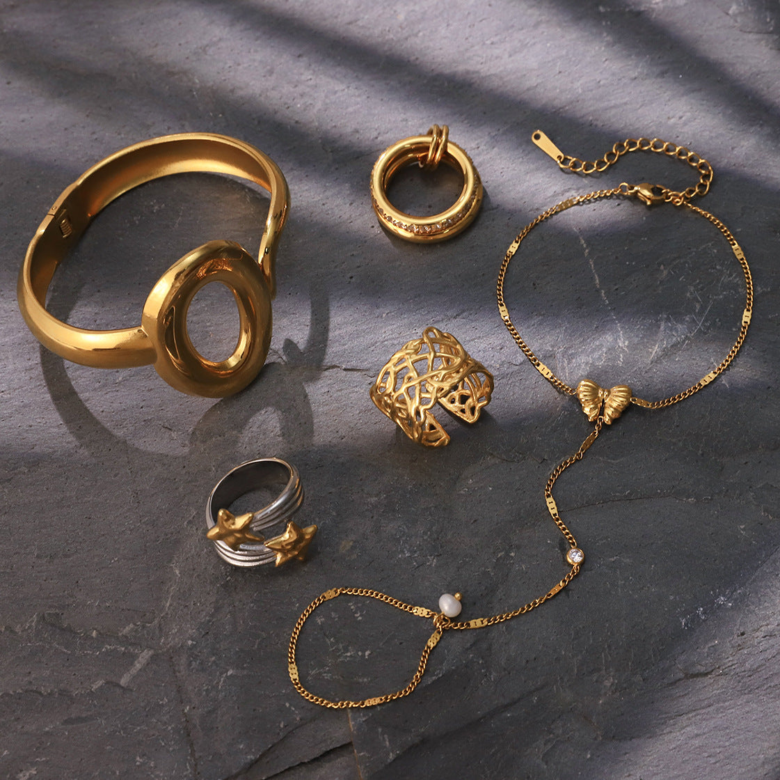 Gold Silver Stackable Ring & Bracelet Set - Vintage Multi-Style Statement Jewelry with Pearl & Geometric Designs for Women