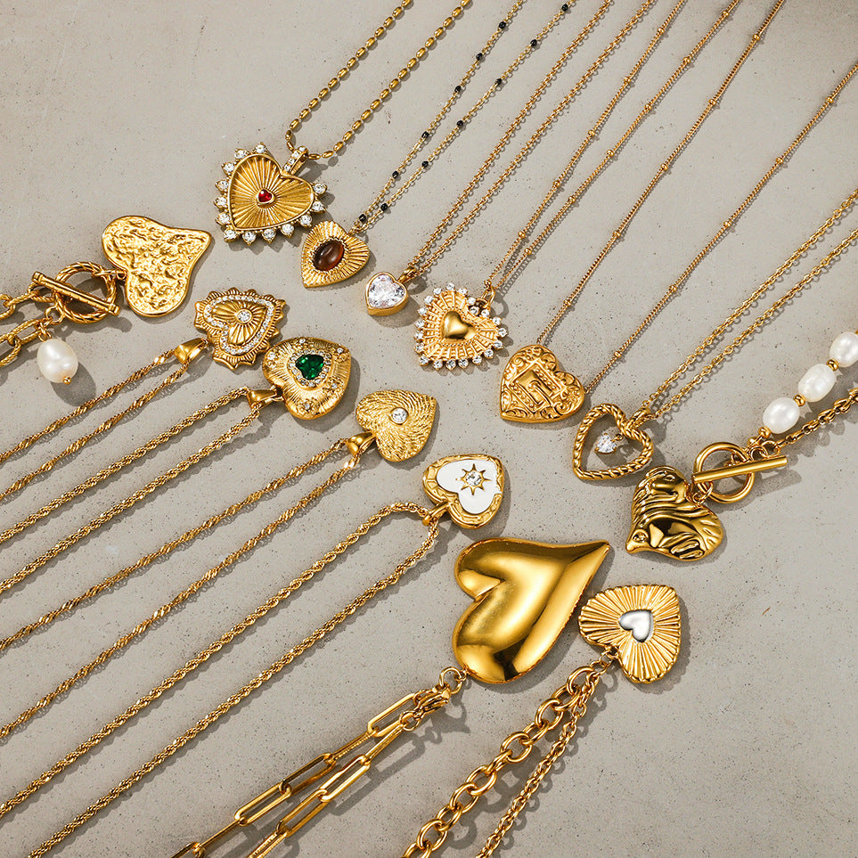 Gold Multi-Style Heart Pendant Necklace Set - CZ Gem Pearl Chain Statement Jewelry for Women
