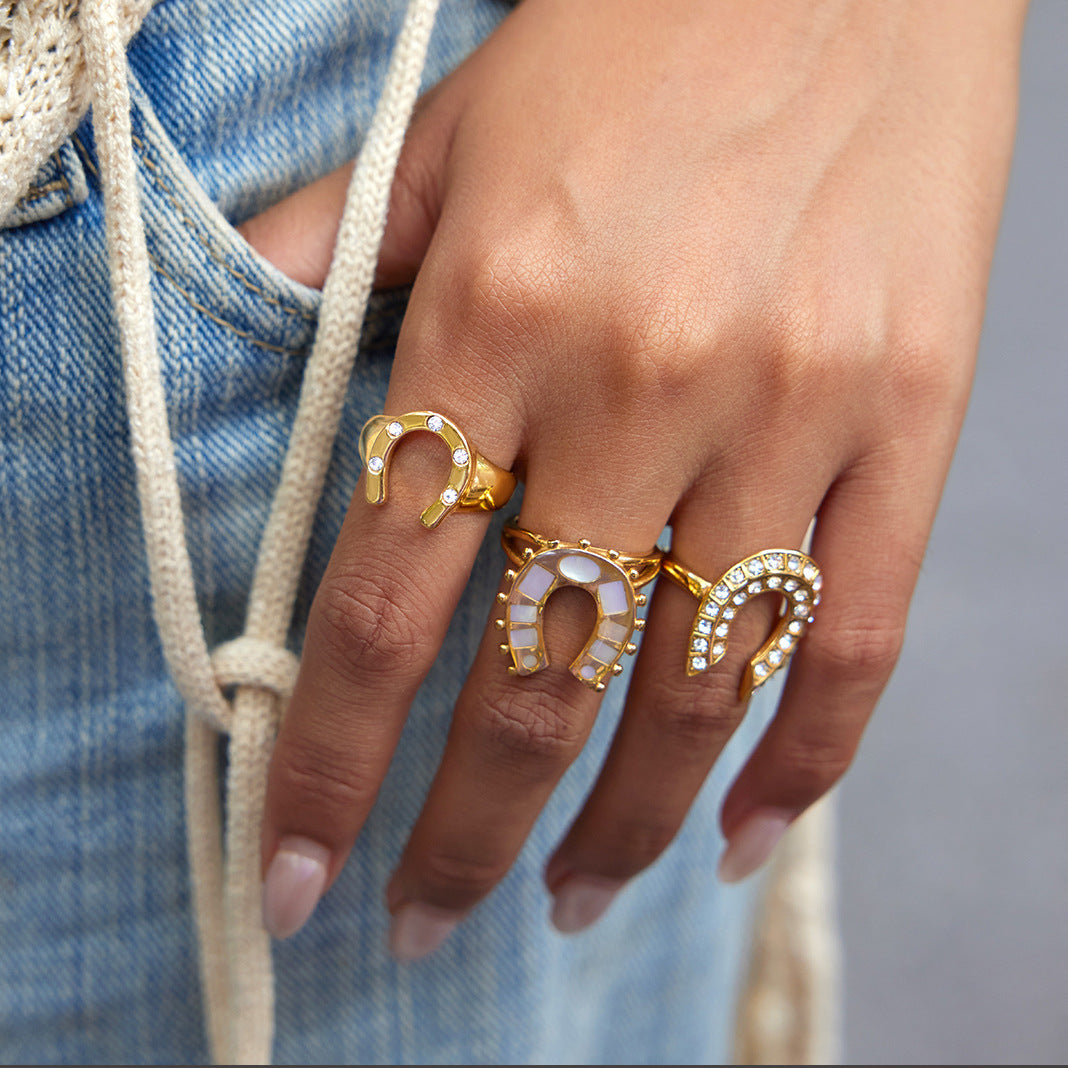 Gold Horseshoe Ring Set - Vintage Multi-Style Statement Rings with CZ & Mother-of-Pearl for Women