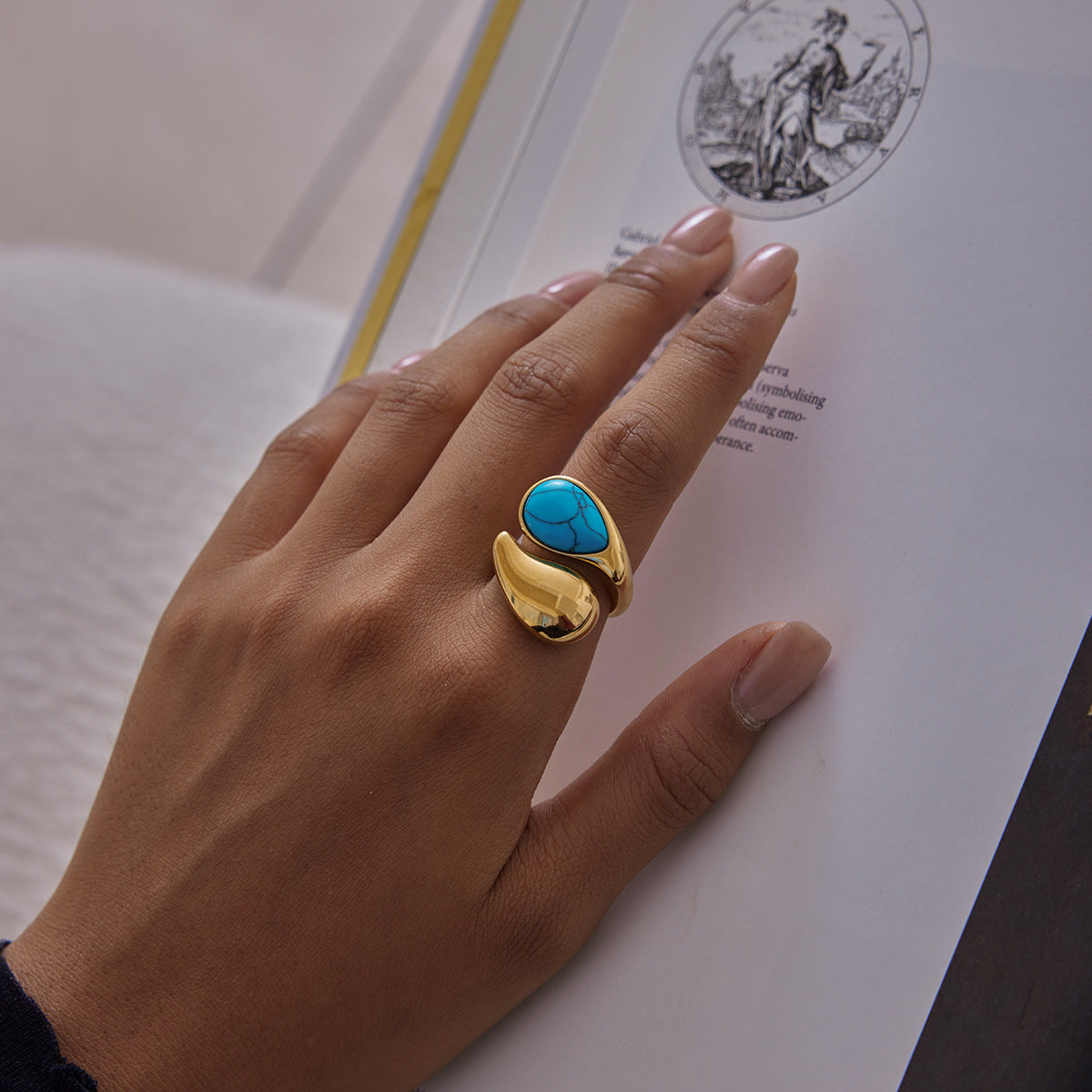 Gold Evil Eye Teardrop Ring Set - Turquoise/Pearl/Tiger Eye/Abalone Shell Stackable Statement Jewelry for Women