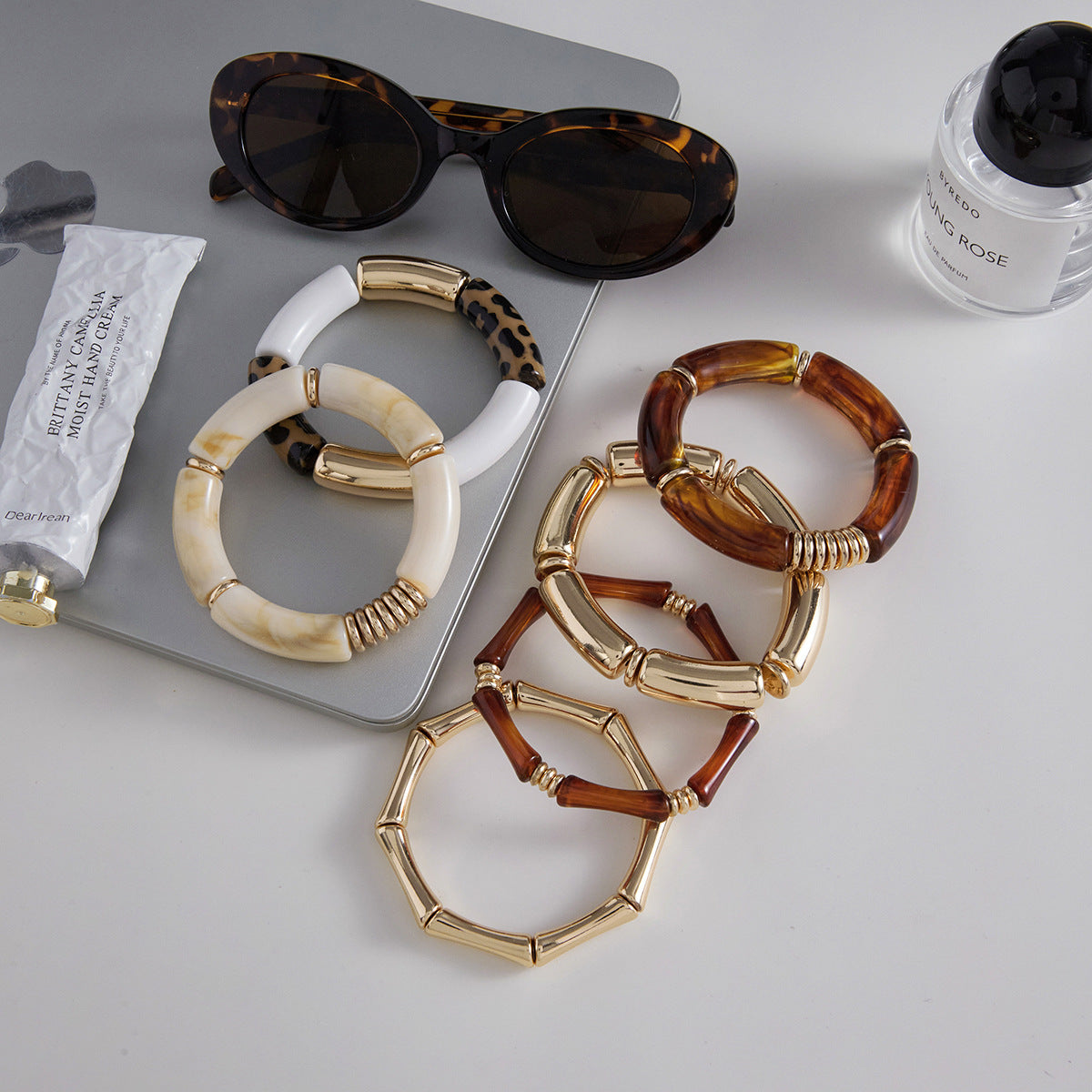 Maillard Color Scheme Stackable Bracelet Set | Acrylic & Gold-Tone Metal Vintage Trendy Bracelets | Assorted Leopard Print & Solid Design Chunky Cuff Bracelets for Women | Fashion Daily Wear & Party Stacking Jewelry