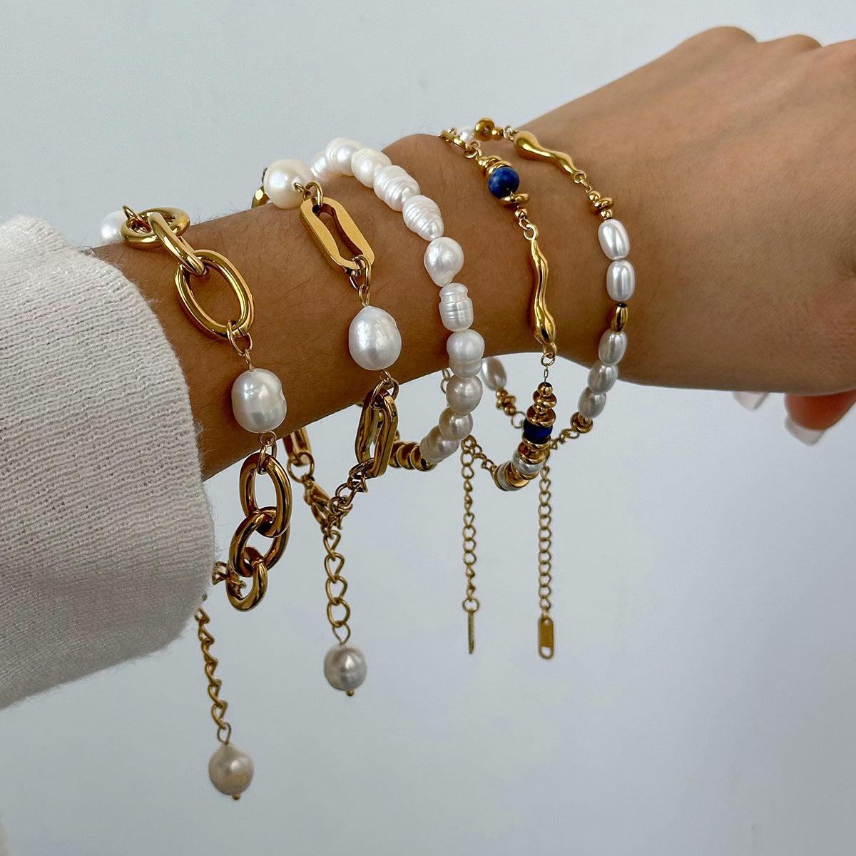 Baroque Pearl & Gold-Plated Stackable Bracelet Set | Lapis Lazuli Accent Chain Bracelets | Vintage Elegant INS-Style Jewelry for Women | Assorted Chunky & Dainty Designs for Daily Wear & Party Stacking