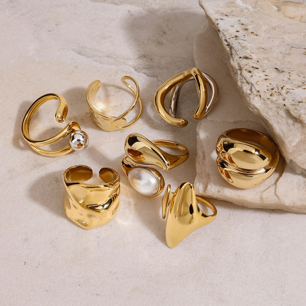 Artistic Gold Statement Ring Set - Abstract Sculptural & Pearl-Embellished Rings for Avant-Garde Women's Fashion