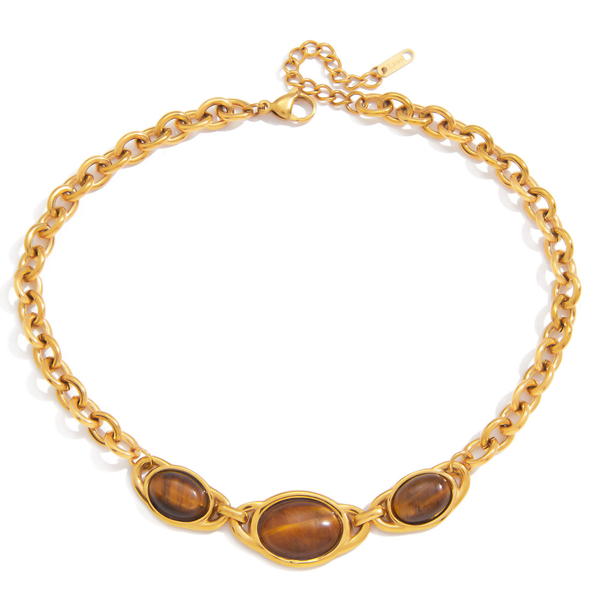 Gold Chunky Chain Choker Necklace with Tiger Eye Oval Accents - Vintage Statement Jewelry for Women