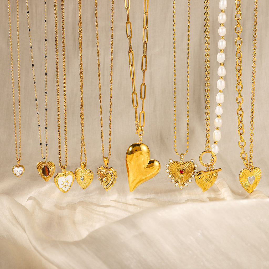 Gold Multi-Style Heart Pendant Necklace Set - CZ Gem Pearl Chain Statement Jewelry for Women