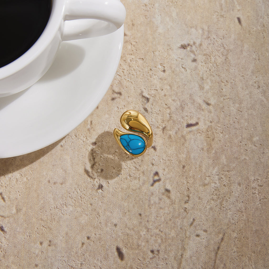 Gold Evil Eye Teardrop Ring Set - Turquoise/Pearl/Tiger Eye/Abalone Shell Stackable Statement Jewelry for Women