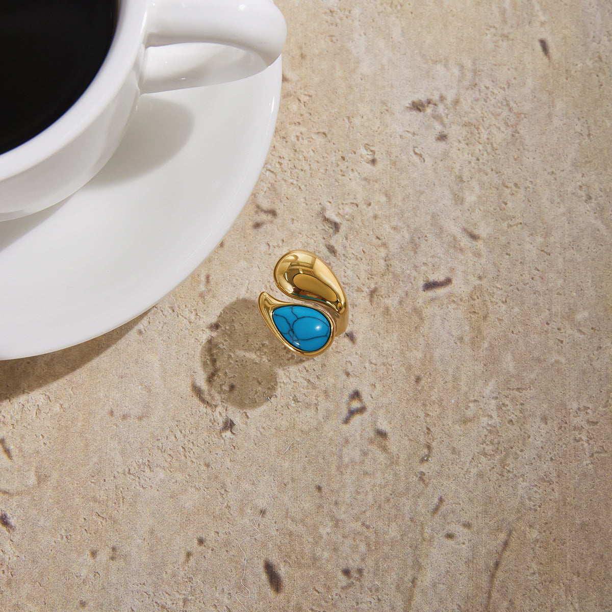 Gold Evil Eye Teardrop Ring Set - Turquoise/Pearl/Tiger Eye/Abalone Shell Stackable Statement Jewelry for Women