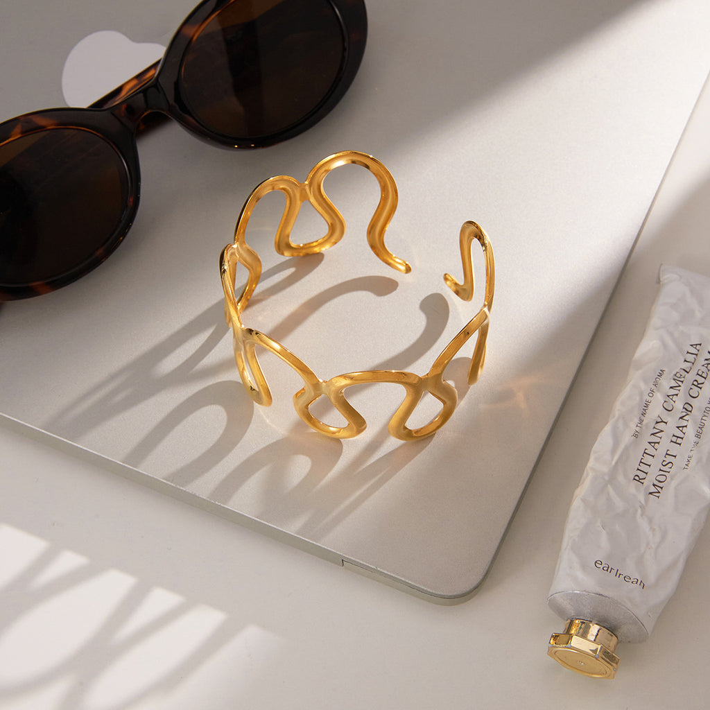 Gold Plated Wave Geometric Cuff Bracelet - Bold Statement Jewelry for Women