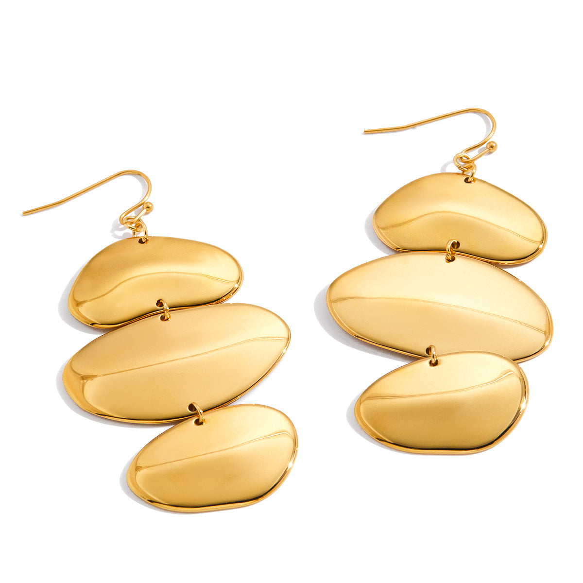 Gold Plated Three-Tiered Pebble-Shaped Drop Earrings - Bold Minimalist Statement Jewelry for Women