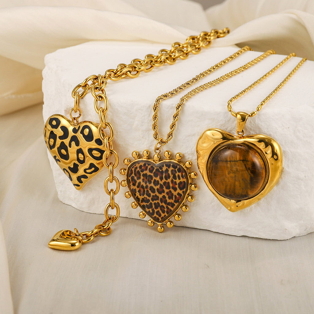 Gold Animal Print Heart Pendant Necklace Set - Marble Tiger Eye Statement Jewelry for Women