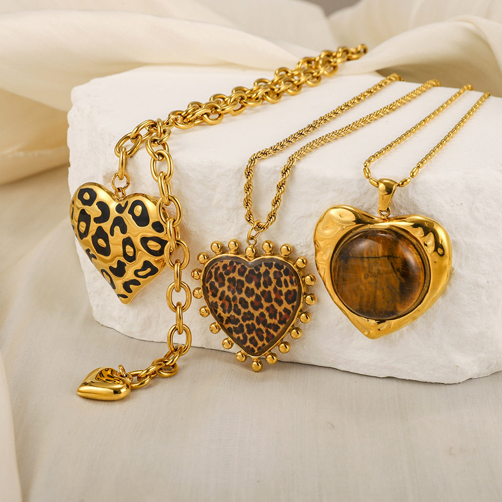 Gold Animal Print Heart Pendant Necklace Set - Marble Tiger Eye Statement Jewelry for Women