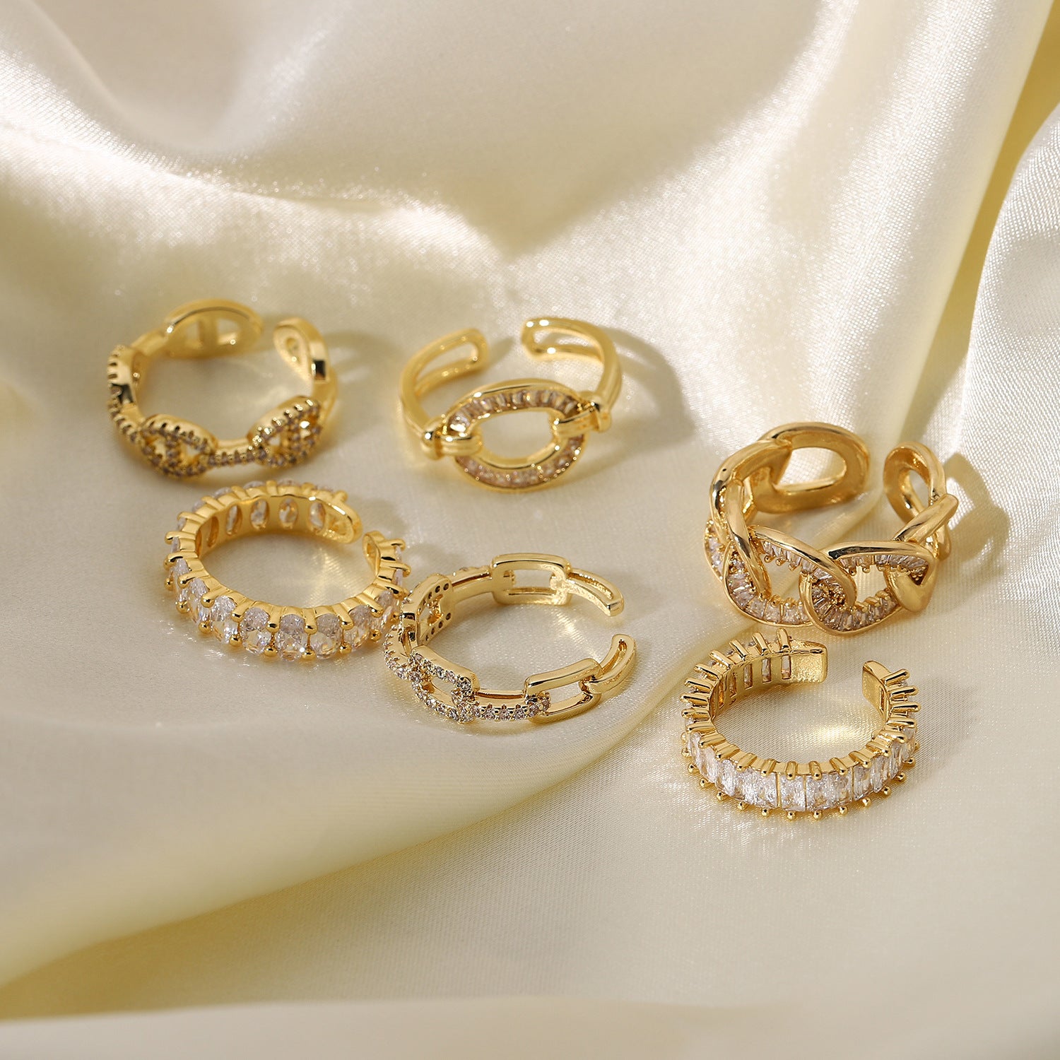 Gold CZ Chain Ring Set - Multi-Style Sparkly Stackable Rings for Women