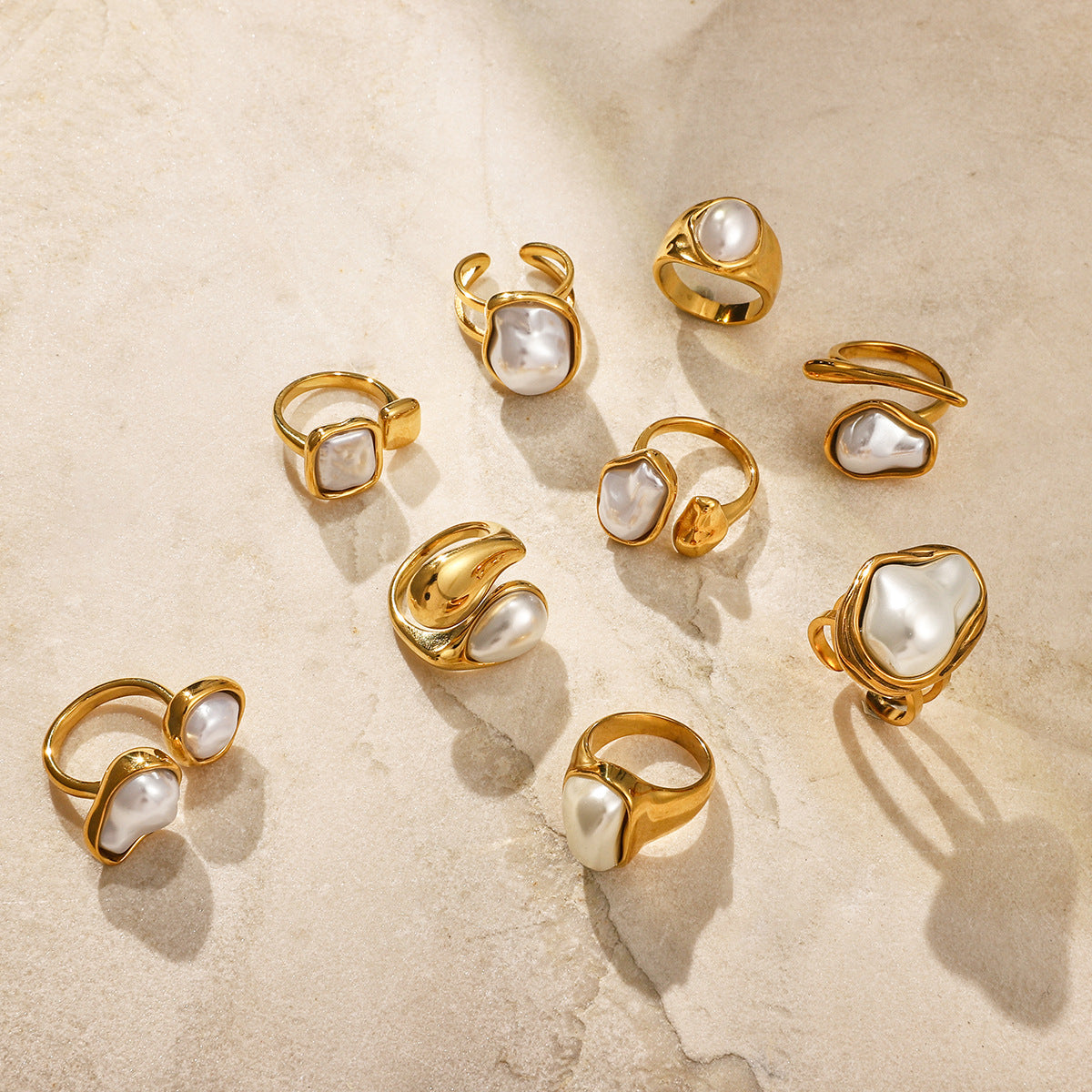 Gold Baroque Pearl Multi-Style Stackable Ring Set - Irregular Pearl (Open/Closed Band) Statement Jewelry for Women
