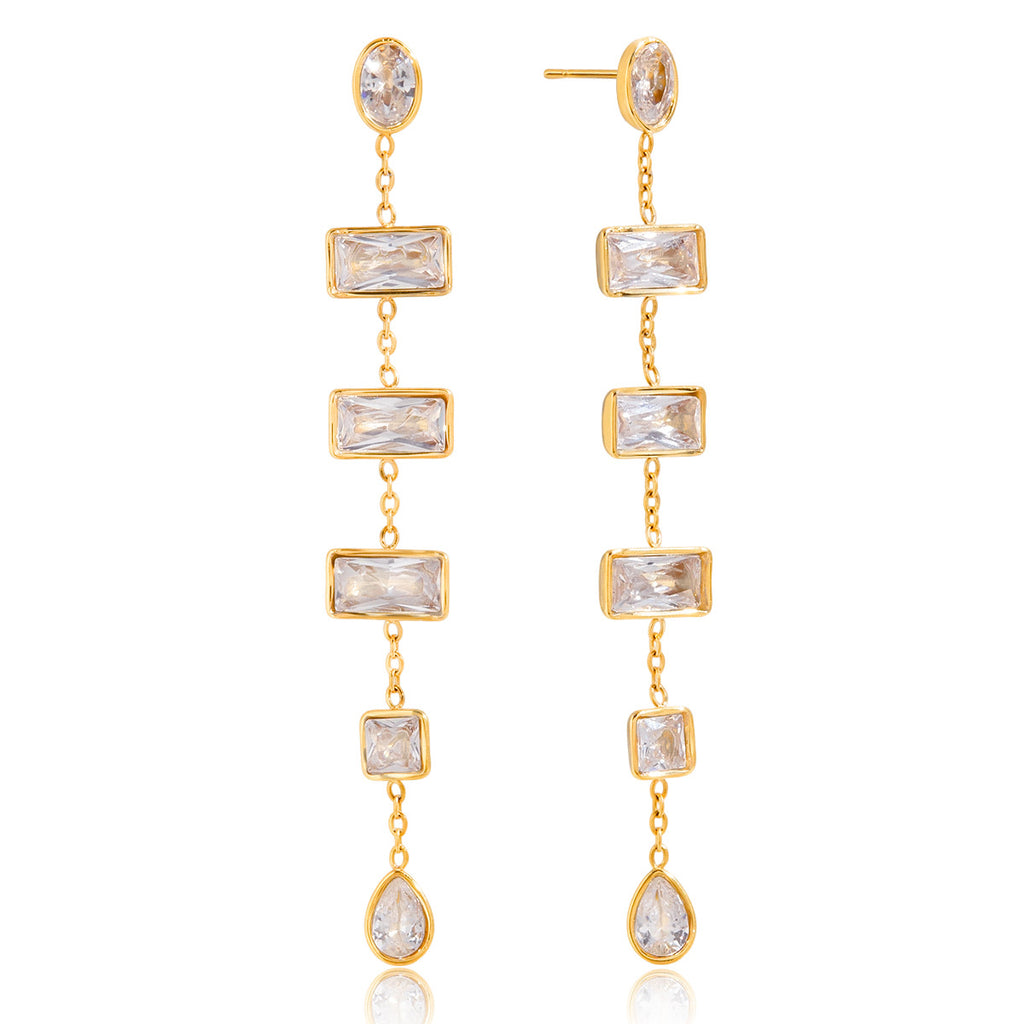 Gold Plated Multi-Shaped Clear Gem Long Drop Earrings - Rectangle/Drop Statement Jewelry for Women