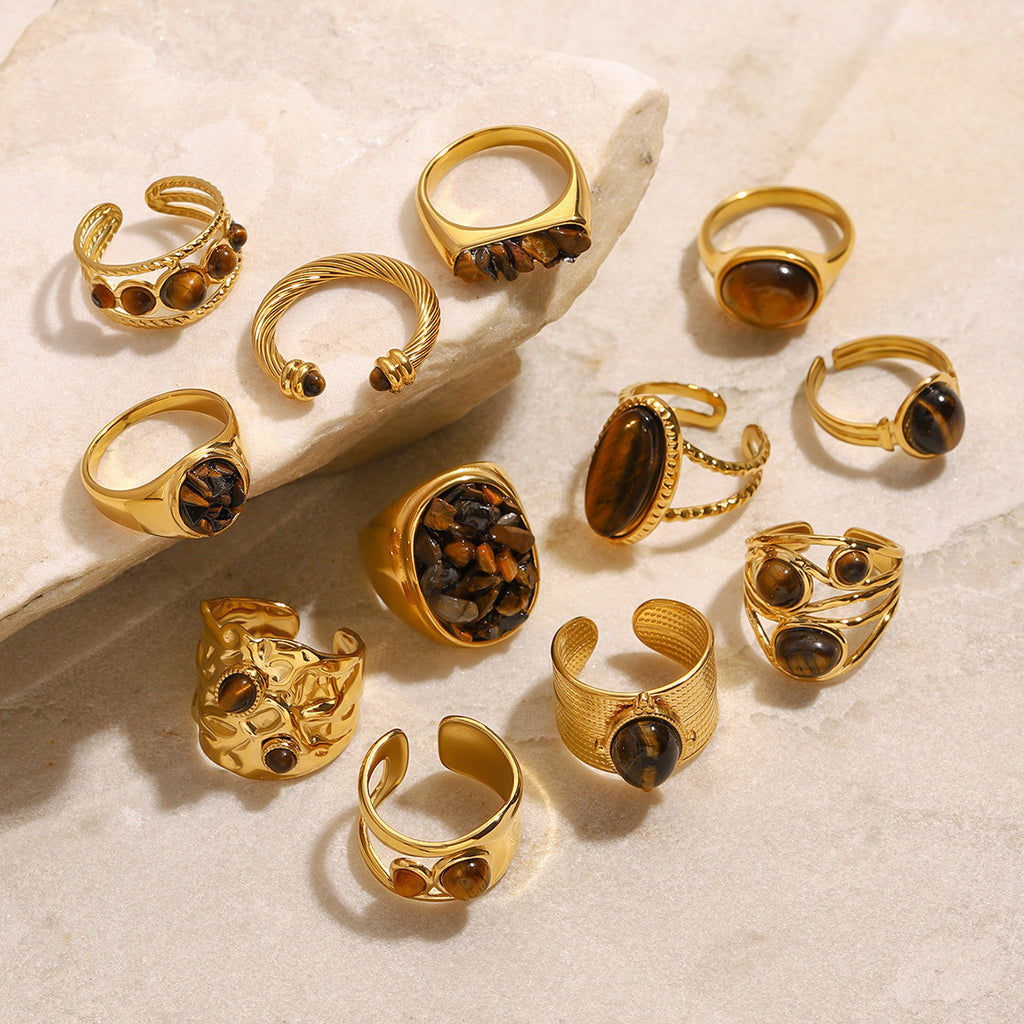 Tiger Eye Gold Ring Set - Multi-Style Boho Statement Rings for Women