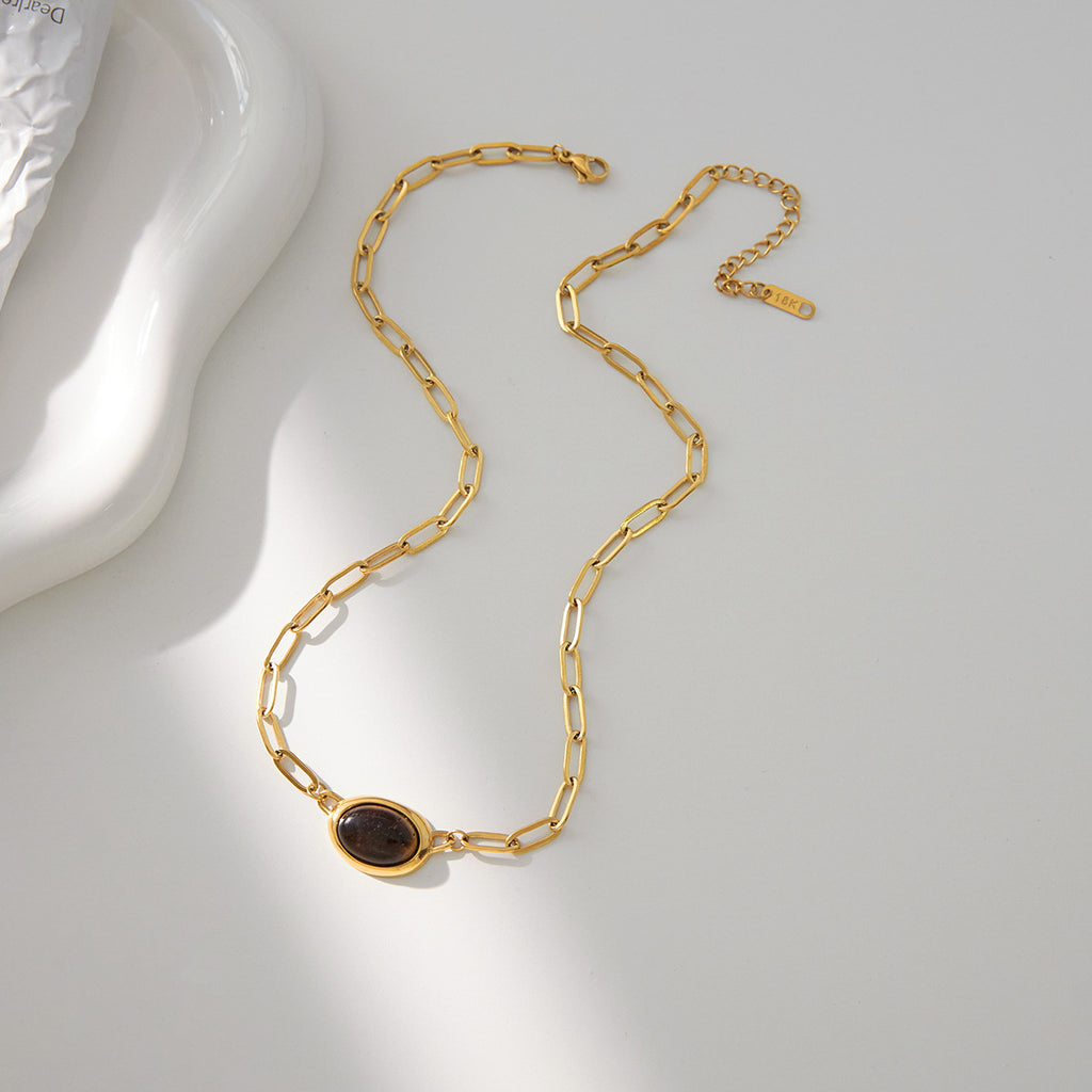 Gold Link Chain Choker Necklace with Oval Tiger Eye Gem Pendant - Elegant Minimalist Statement Jewelry for Women