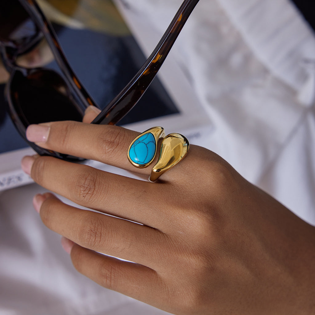 Gold Evil Eye Teardrop Ring Set - Turquoise/Pearl/Tiger Eye/Abalone Shell Stackable Statement Jewelry for Women