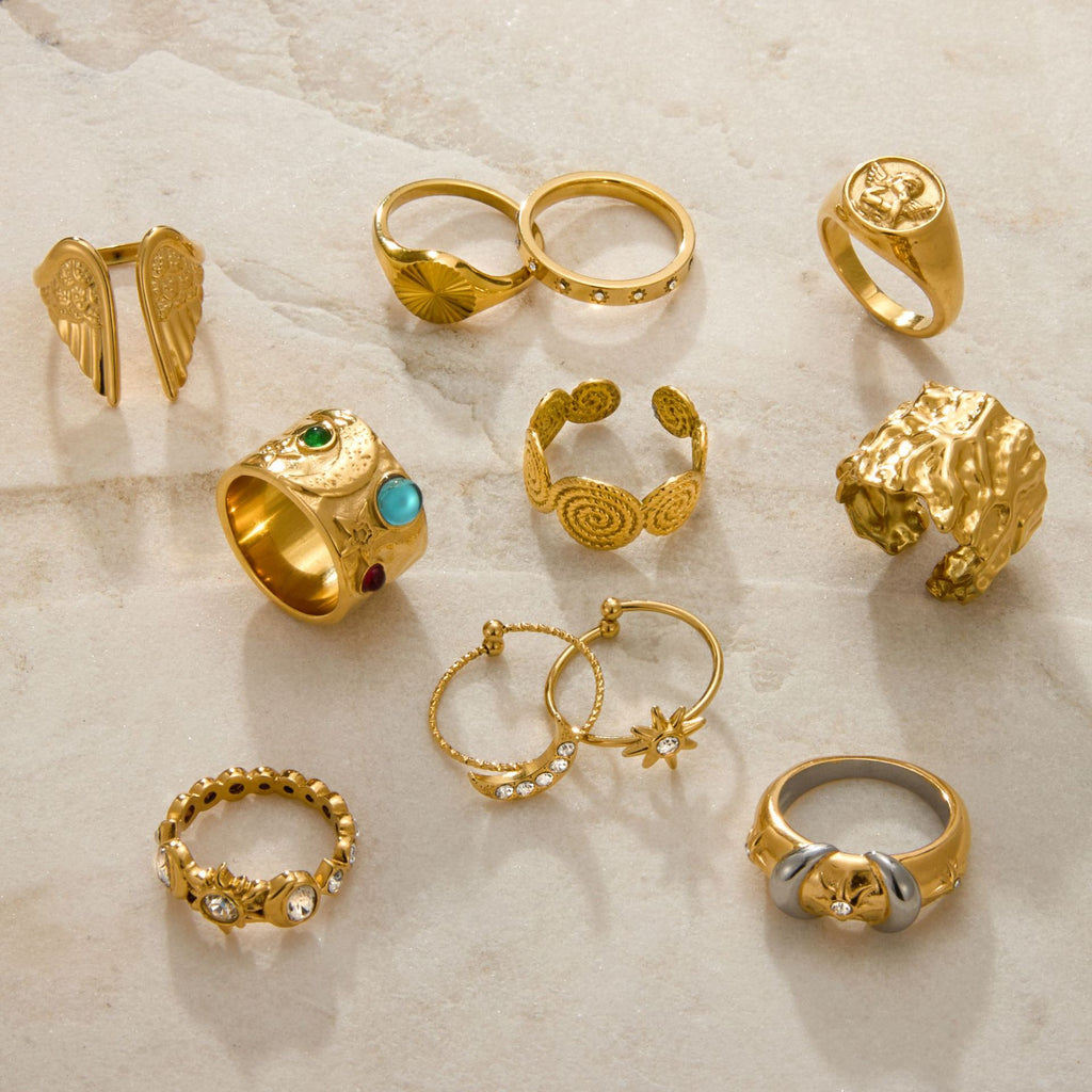 Vintage Artistic Gold Ring Set - Multi-Style Statement Rings with Gemstone & Textured Designs for Women