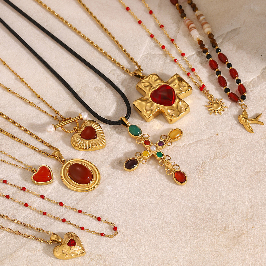 Gold Multi-Design Necklace Set - Cross & Heart Pendants with Carnelian/Colored Gems (Metal/Leather Cord) Statement Jewelry for Women