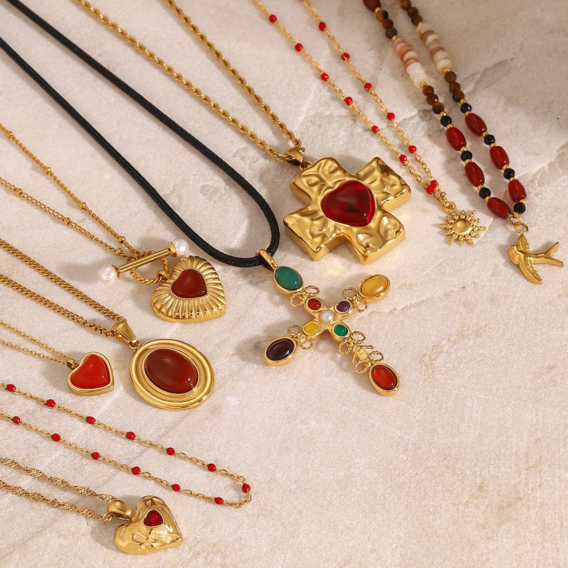 Gold Multi-Design Necklace Set - Cross & Heart Pendants with Carnelian/Colored Gems (Metal/Leather Cord) Statement Jewelry for Women