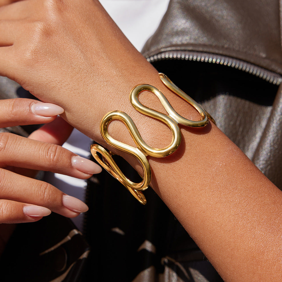 Gold Plated Wave Geometric Cuff Bracelet - Bold Statement Jewelry for Women