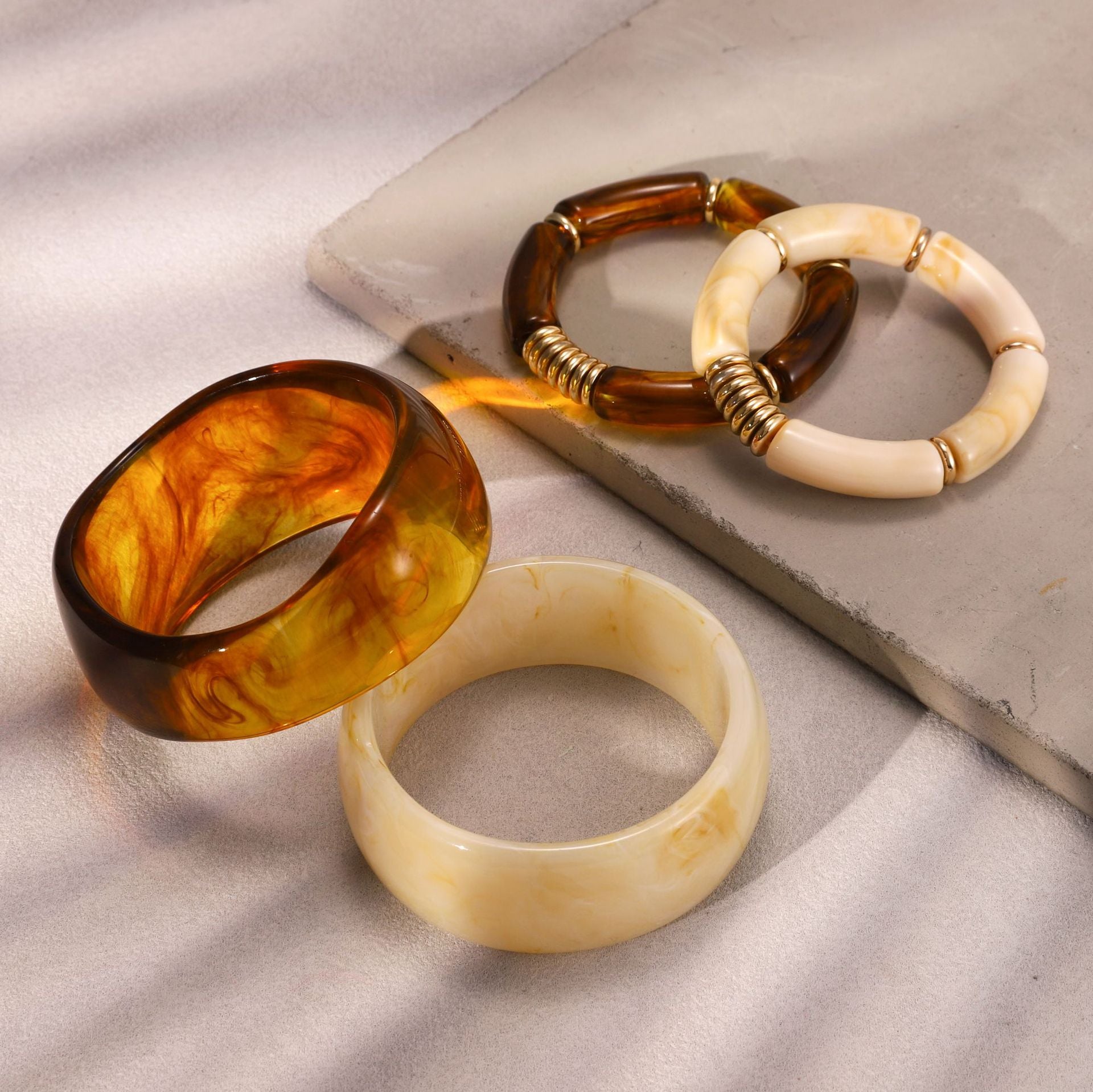 Chunky Tortoise Shell & Cream Resin Bangle Set -  Stackable Acrylic Bamboo Tube Bracelets with Gold Accents
