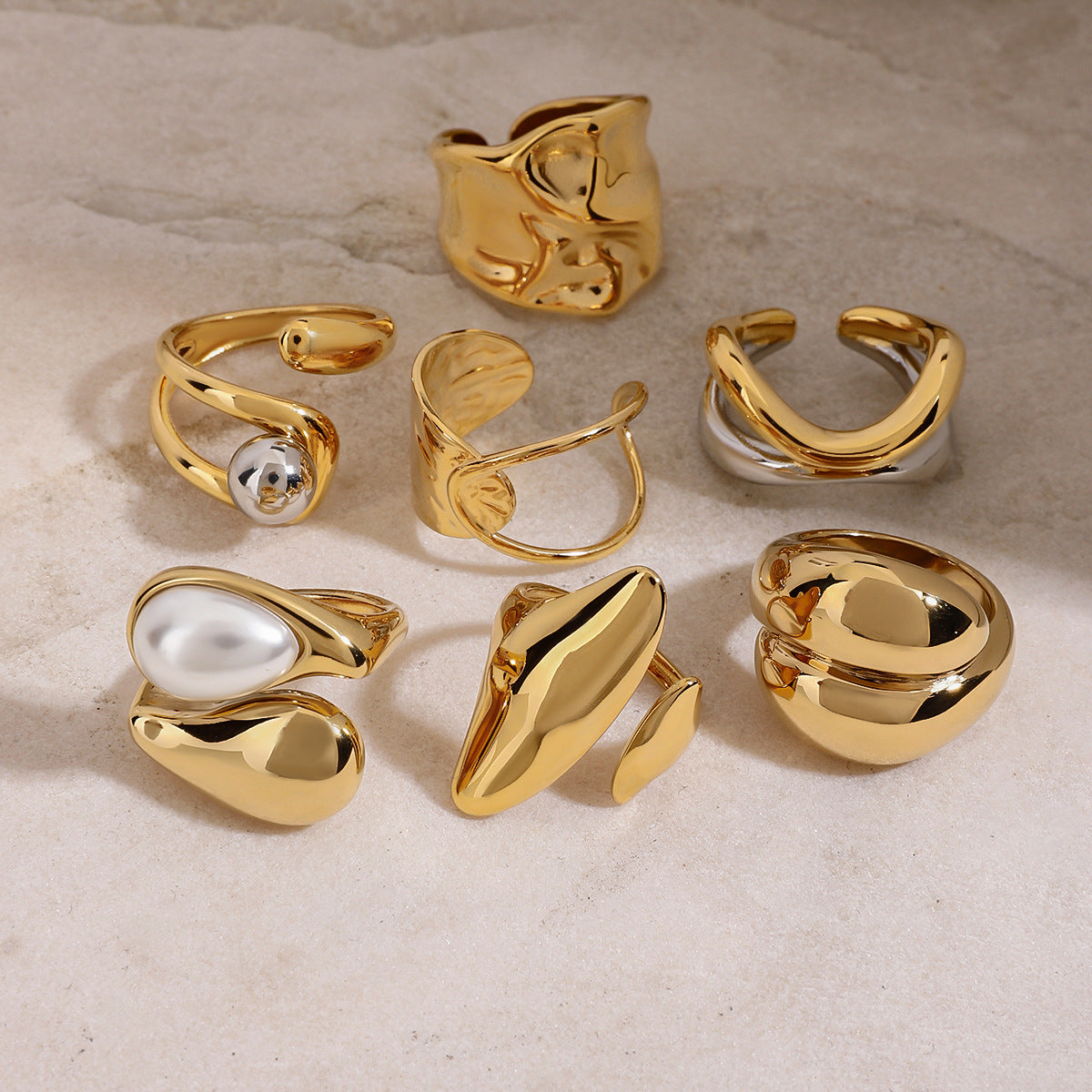 Artistic Gold Statement Ring Set - Abstract Sculptural & Pearl-Embellished Rings for Avant-Garde Women's Fashion