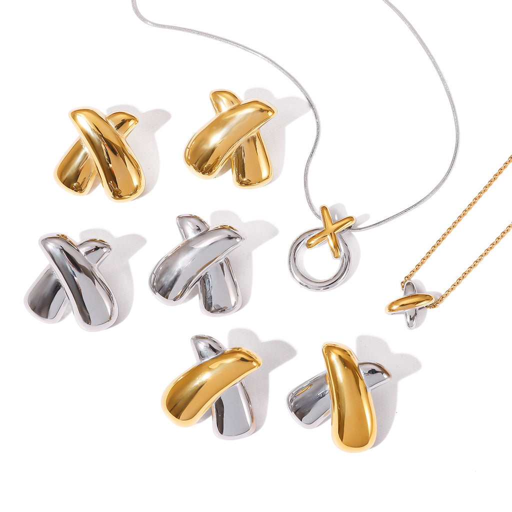 Two-Tone X-Cross Statement Jewelry Set - Gold Silver Minimalist Necklaces & Earrings for Women