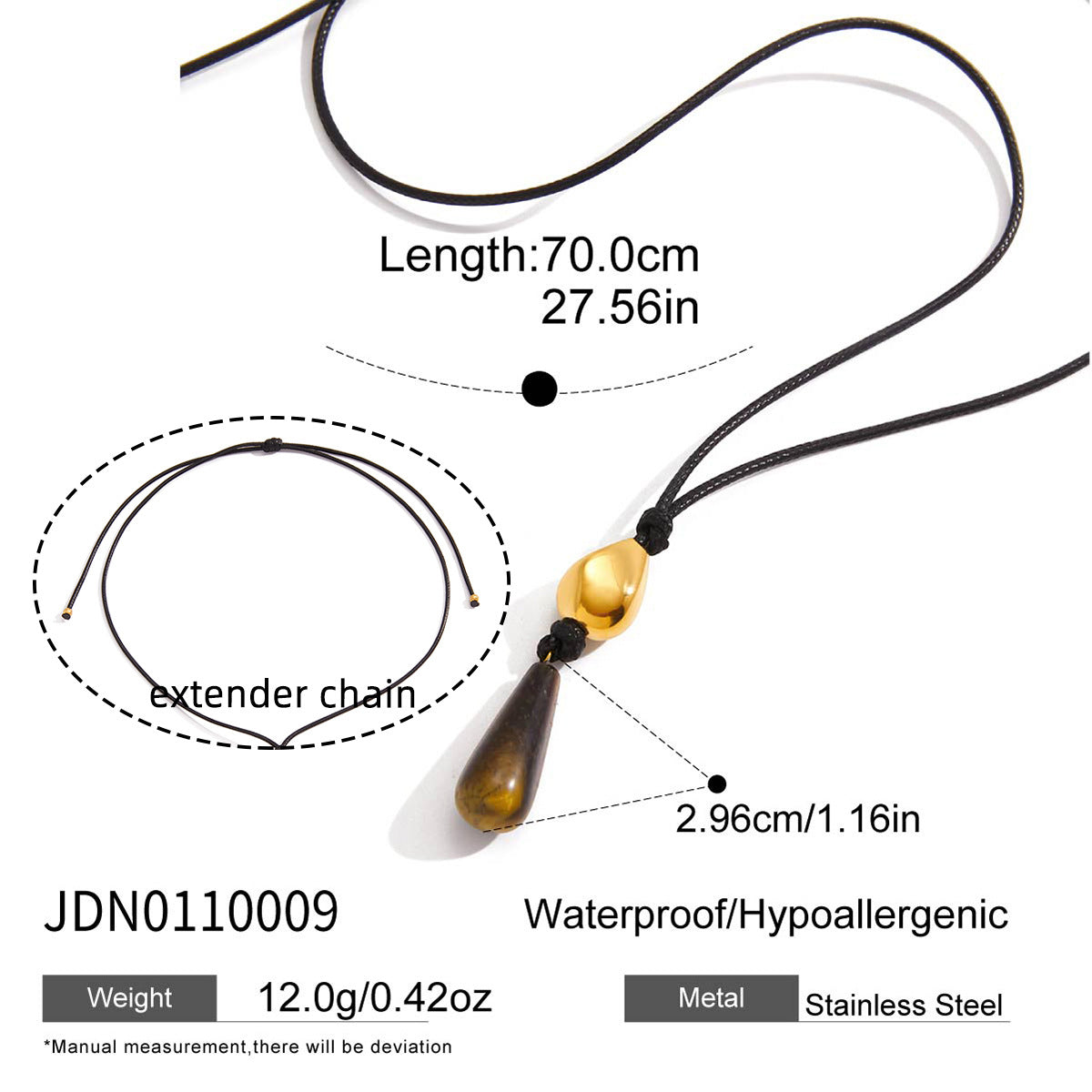 Tiger Eye Teardrop Leather Cord Necklace - Vintage Boho Statement Jewelry for Women