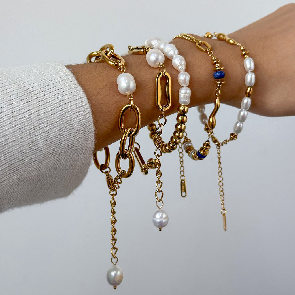 Baroque Pearl & Gold-Plated Stackable Bracelet Set | Lapis Lazuli Accent Chain Bracelets | Vintage Elegant INS-Style Jewelry for Women | Assorted Chunky & Dainty Designs for Daily Wear & Party Stacking