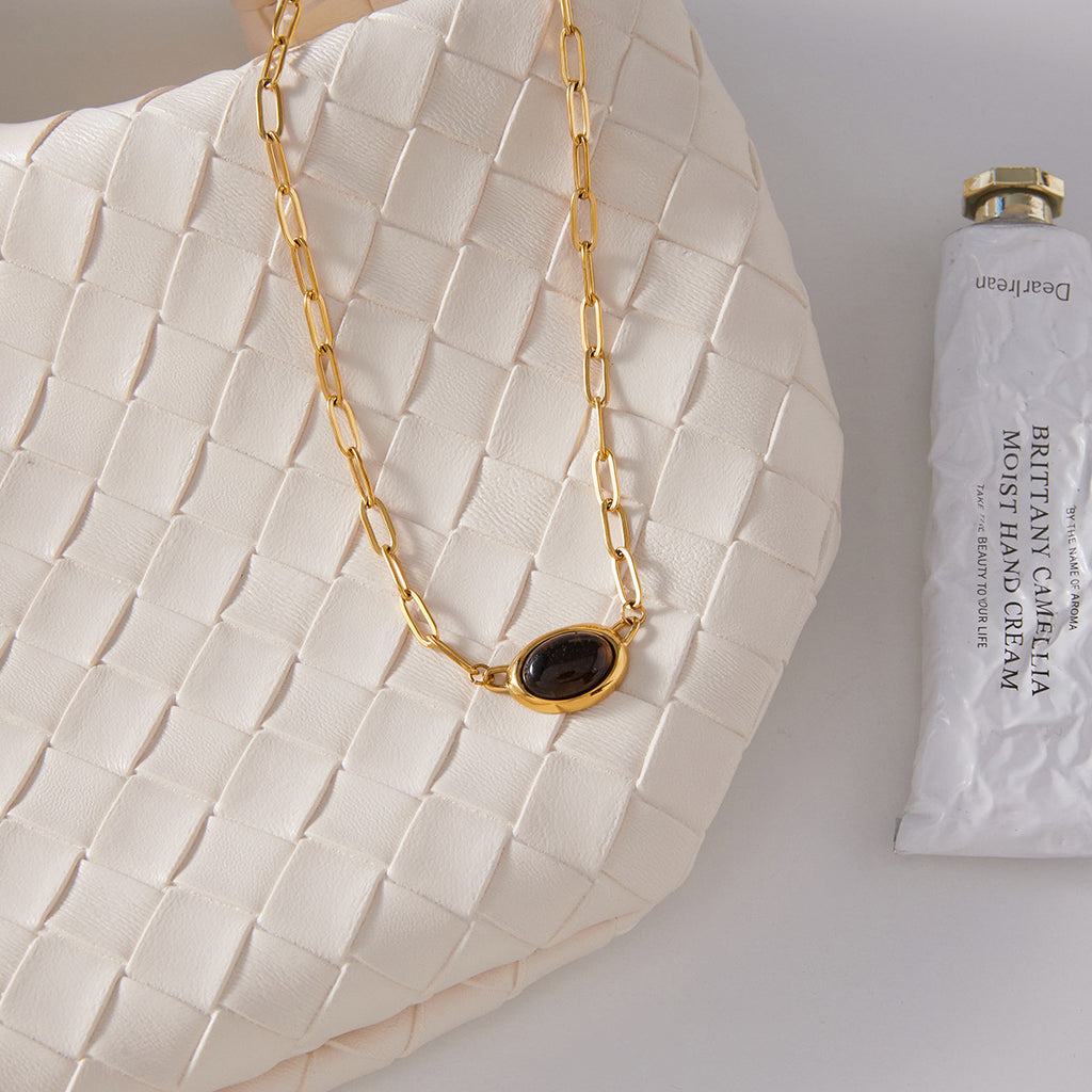 Gold Link Chain Choker Necklace with Oval Tiger Eye Gem Pendant - Elegant Minimalist Statement Jewelry for Women